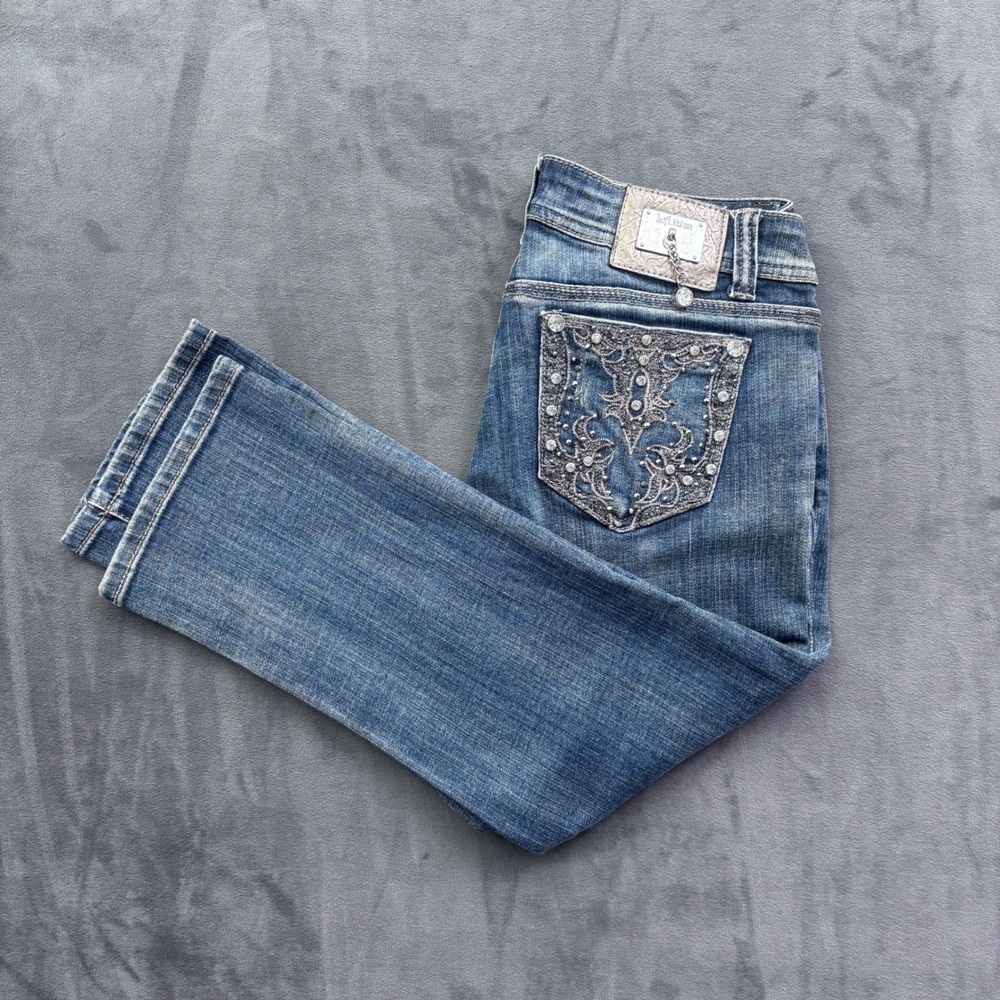 LA Idol USA Embellished Cropped Jeans Size 7 Medium Wash Rhinestone Capri Y2K